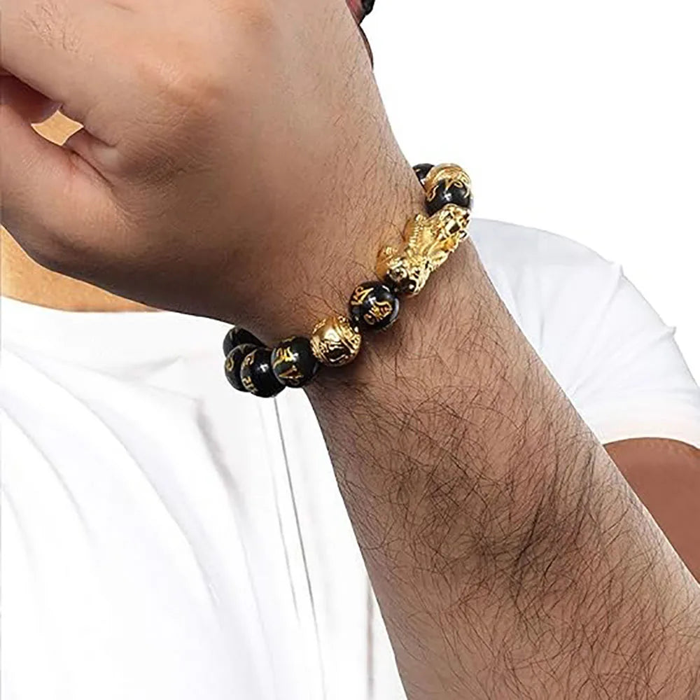 FengShui Wealth And Luck Bracelet, Feng Shui Black Obsidian Pixiu Wealth Bracelet Prosperity Buddha Beads Elastic Bracelet