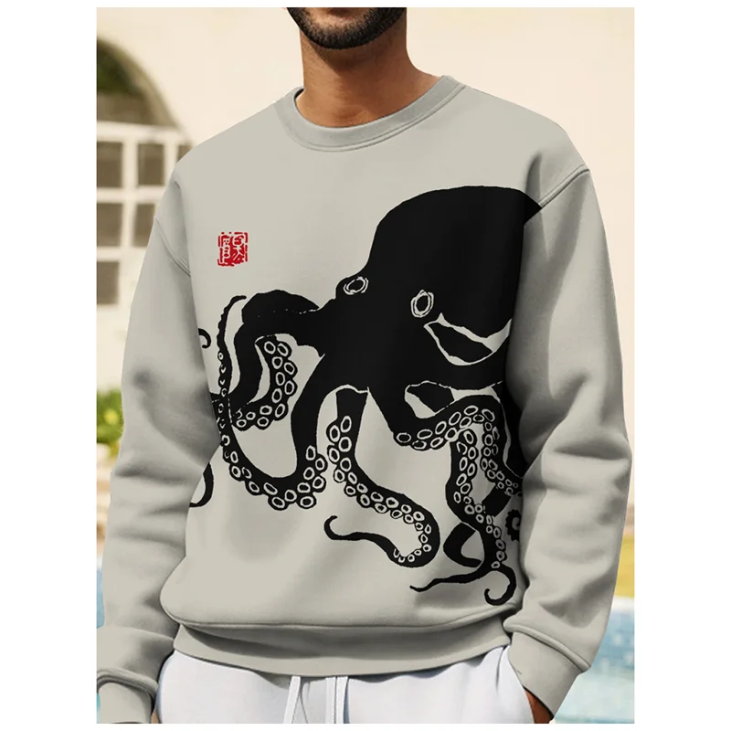 3D Print Japanese Ukiyoe Wave Hoodie For Men Devil Fish Jellyfish Graphic Sweatshirt Casual O-Neck Pullover Hoodies Long Sleeves