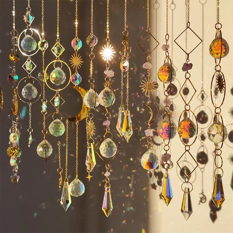Hanging Crystal Pendant Garden Suncatcher Wind Chimes Rainbow Prism Crystal Chain for Window Drop Bell Christmas Tree Home Decor