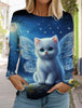 2024 Autumn and Winter Women's Long Sleeve 3D Printed Kitten Cute Print T-Shirt Women's Streetwear Round Neck Long Sleeve