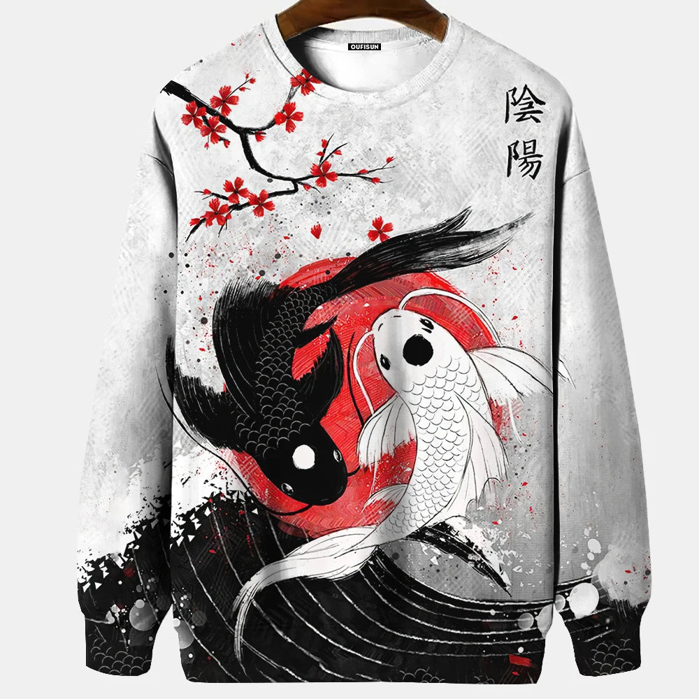 Japanese Ukiyo-e Hoodied Men's Sweatshirts Pullover Sea Wave Ramen Graphic Print Long Sleeves Hoodies Oversized Men Clothing Top