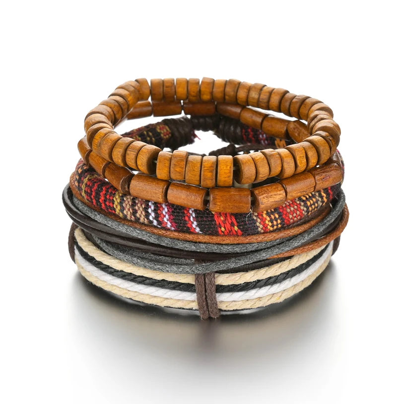 New Trendy Retro 4pcs/Set Bracelets & Bangles Men's Multilayer Black Leather Jewelry Charm Pulseiras Boyfriend Wristband