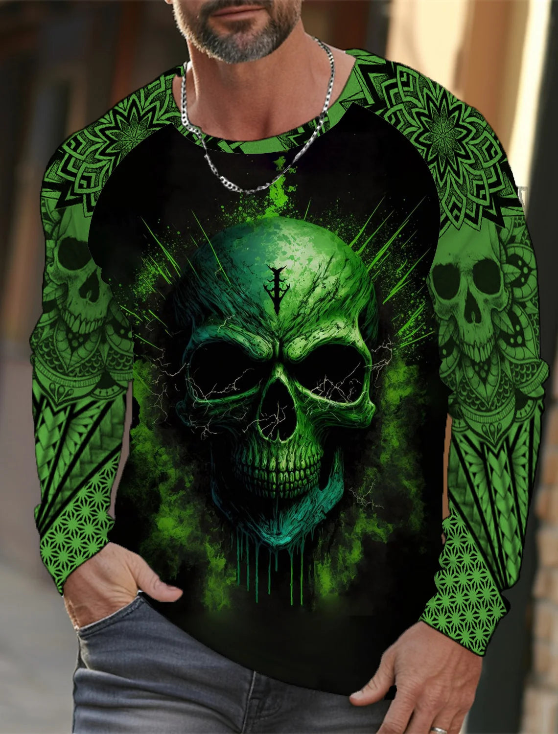 Men's long-sleeved T-shirt 3D printed high-definition skull stitching printing men's autumn tops casual round neck home clothes