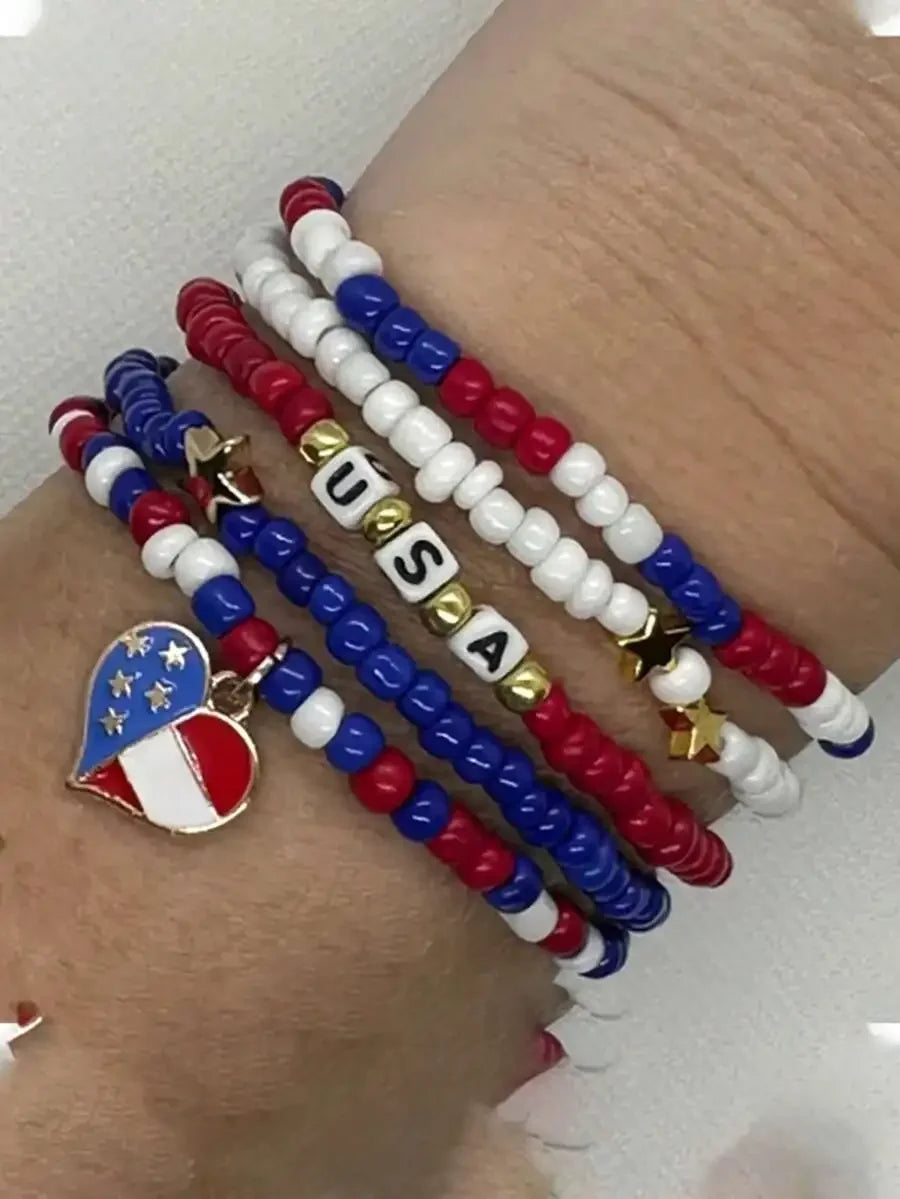 3pcs Red White Blue Beaded Bracelet Set With Star And USA Letter Charms For Women Independence Day