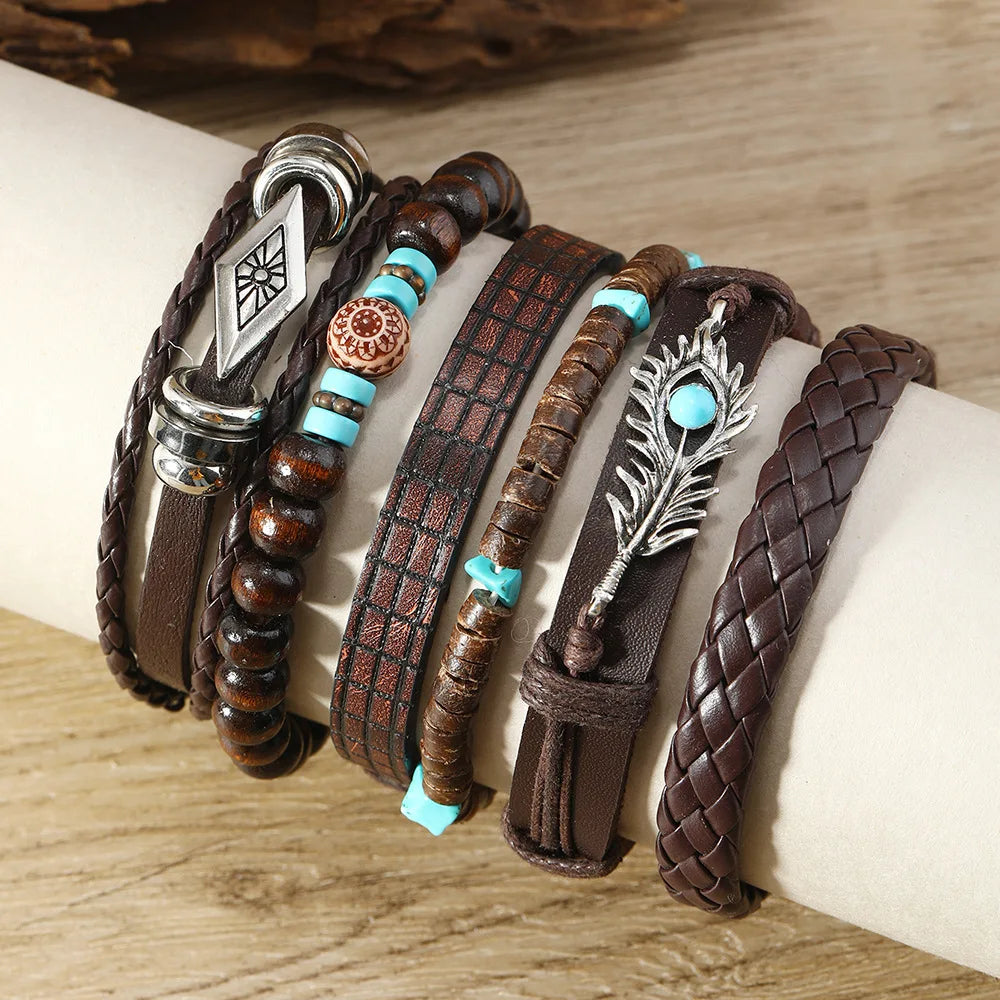 Bohemian Turquoise Wood Beaded Beaded Bracelet Leaf Flower Feather Multi-layer Men's Woven Leather Bracelet