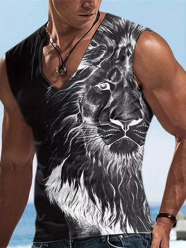 2024 New Summer Everyday Street Men's Tank Top Outdoor Beach Casual Men's Sleeveless T-shirt Eagle Print Men's V-neck Tank Top