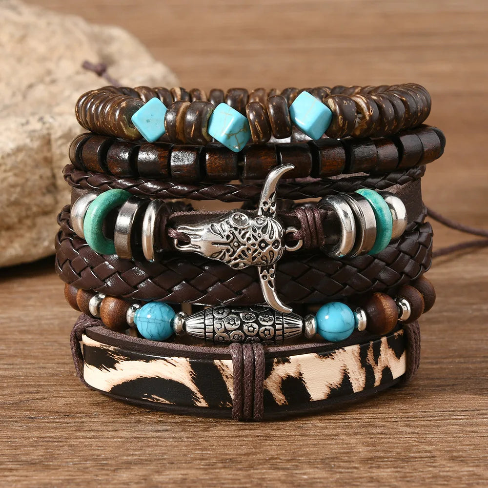 Bohemia Ethnic Leather Men’s Bracelets Vintage Bull Head Multi Layer Cowhide Wooden Beaded Leather Bracelets Gifts