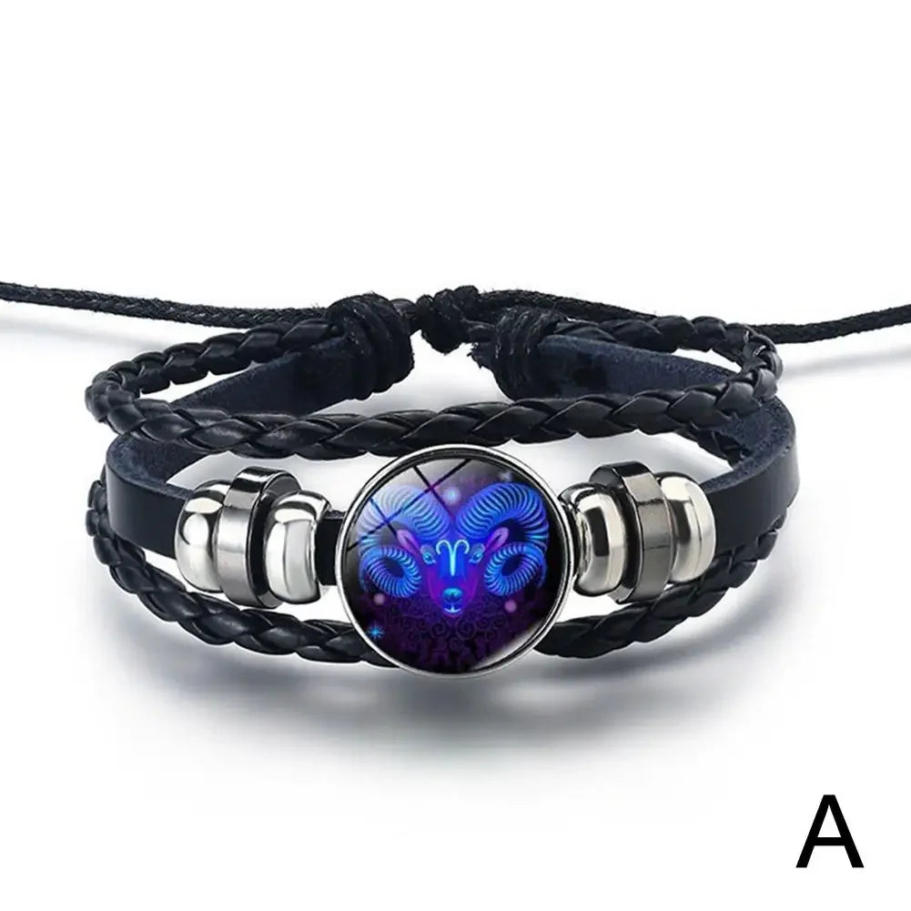 12 Constellation Gem Leather Bracelet Men Women Glass Bracele Couple Leather Multilayer Weave Birthday Gift Bangle Gem