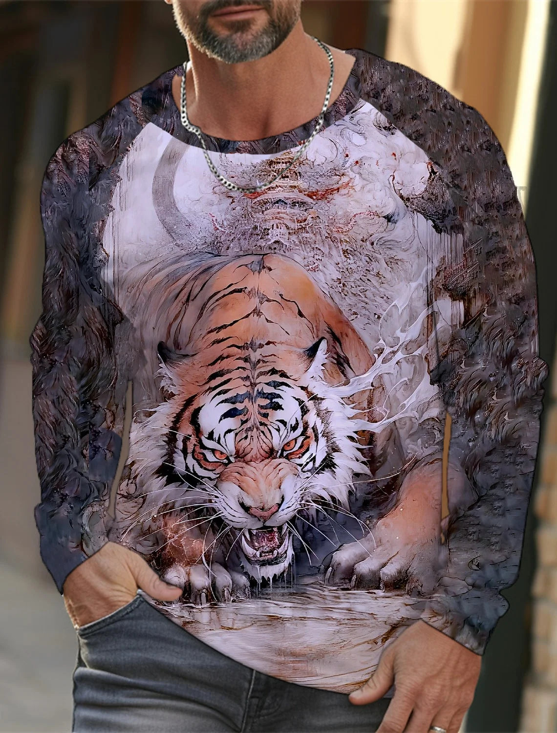 2024 new men's Ukiyoe long-sleeved T-shirt 3D printed high-definition tiger print men's autumn tops casual round neck T-shirt