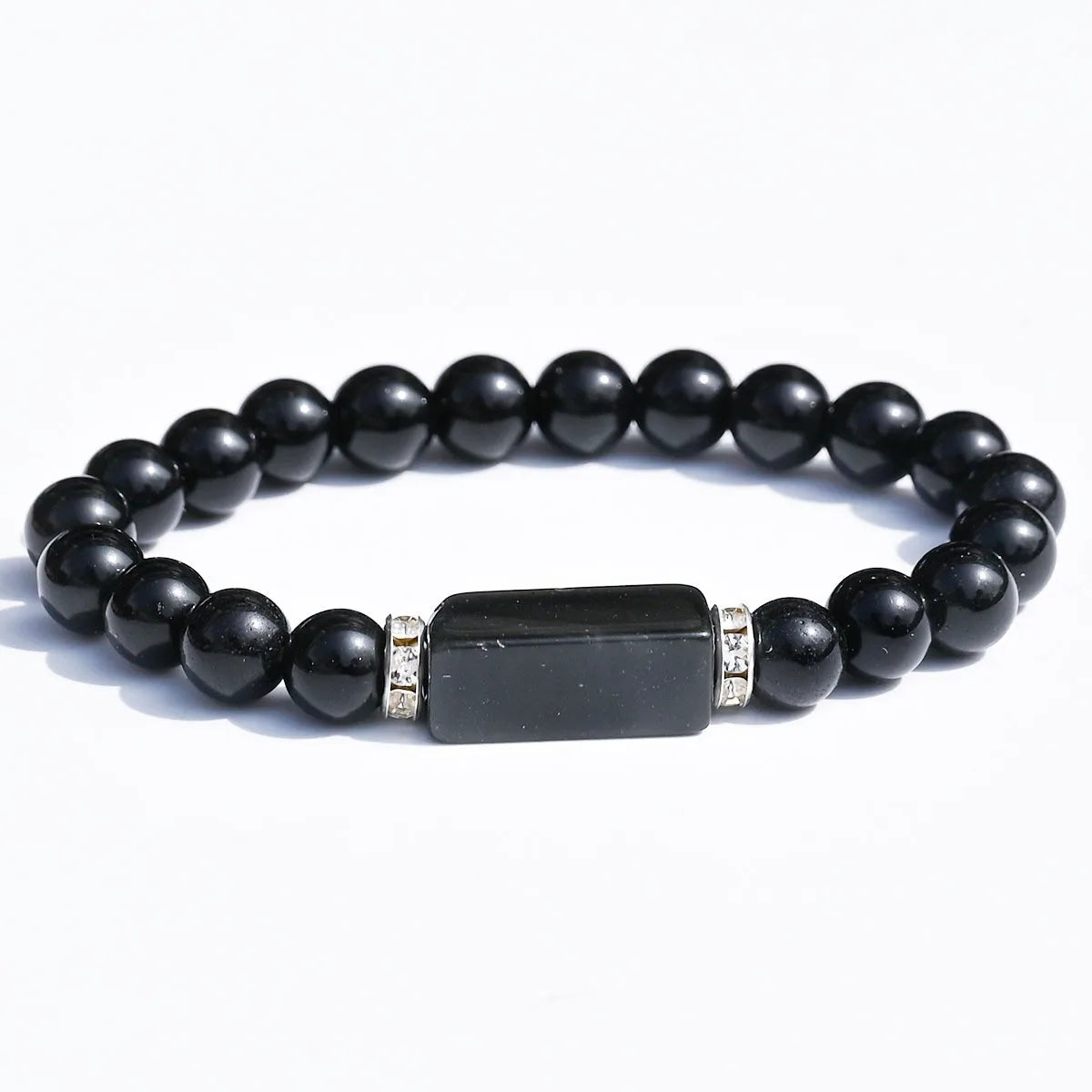 Natural Stone Bracelet: Featuring Rectangular Rose Quartz Plaques, Round Beads, Agate, Obsidian, and Raw Amazonite