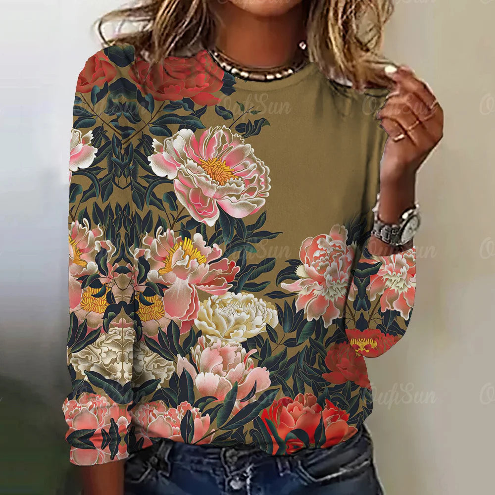 Women's Oil Painting Floral Print Long Sleeve T-Shirt Casual Crewneck Streetwear Tops Pullover Homewear