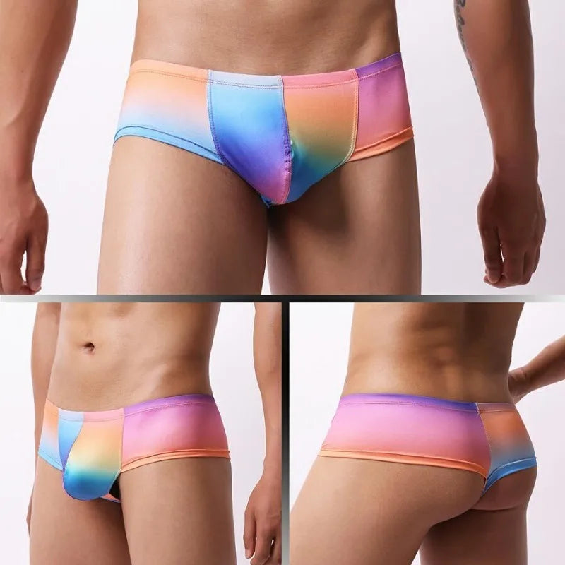 Low-rise Mens Rainbow U Convex Underwear Qucik-Dry Print Male Mesh Breathable Panties Moisture Absorbent Sweat Flat Boxershorts