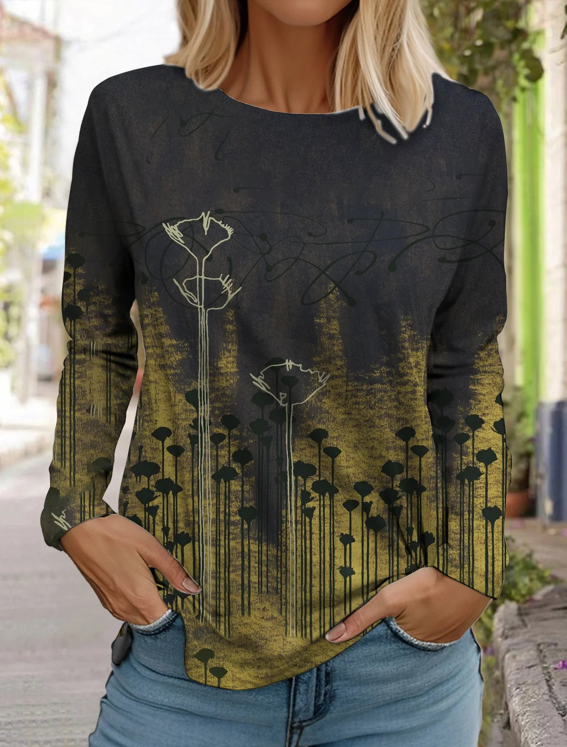 2024 women's fashion retro tops long sleeve round neck pullover casual long sleeve t-shirt new 3d printed lotus print t-shirt