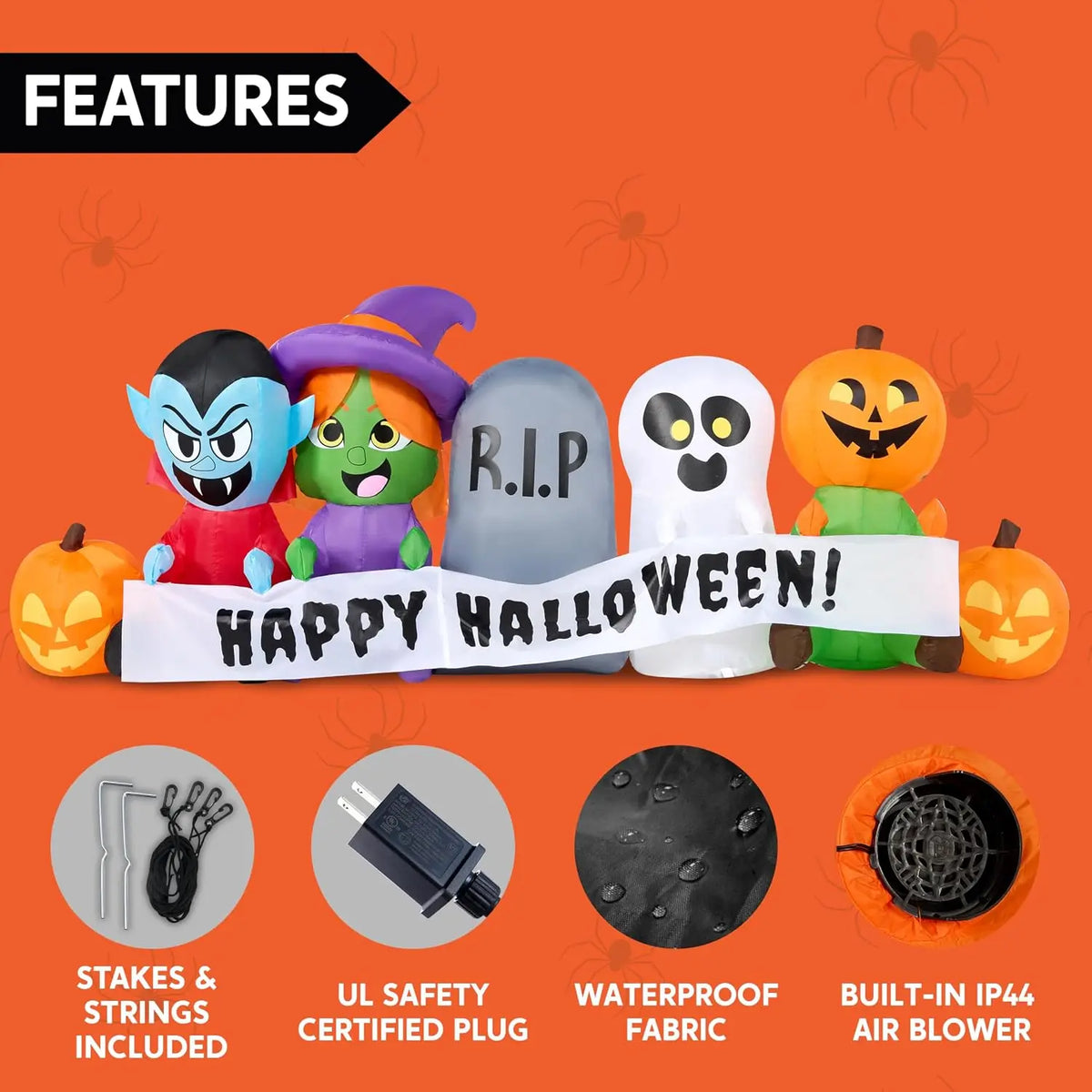 8 FT Long Pumpkin Ghost Vampire Witch Tombstone Inflatable Halloween Decor Outdoor