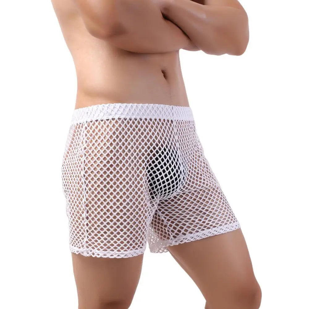 Sexy Big Mesh Boxer Shorts Men Underwear Pajamas Shorts Hollow Fishnet Underpants Boxershorts Casual Fitness Men Sleep Bottoms