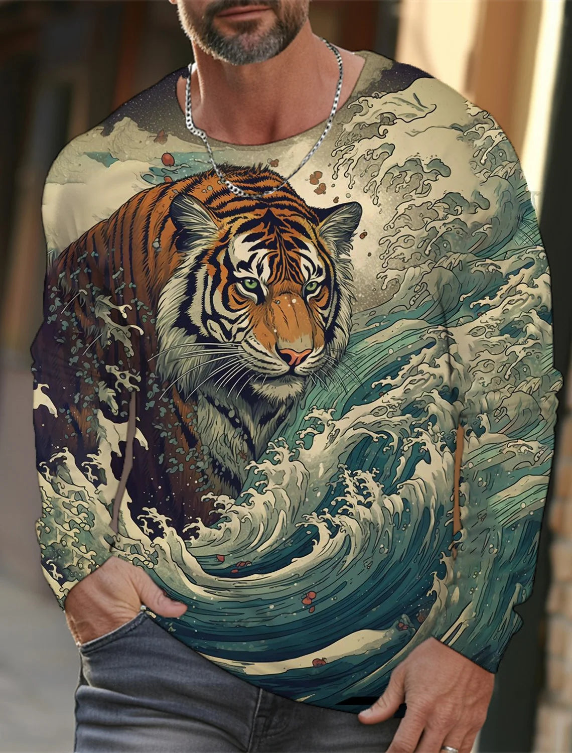 2024 new men's Ukiyoe long-sleeved T-shirt 3D printed high-definition tiger print men's autumn tops casual round neck T-shirt