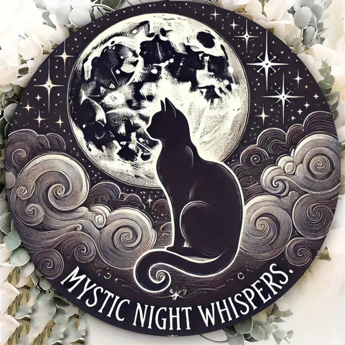 Mystic Whispers Black Cat & Moon 7.8" Iron Wall Art Plaque - Detailed 2D Print for Indoor/Outdoor Home Decor, Ideal Gift