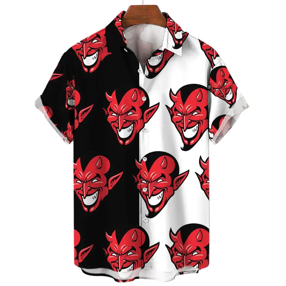 Summer Mens Hawaiian Casual Collar Shirts Short Sleeve Button Skeleton Demon Print Beach Floral Fashion Vintage Clothing XS-5XL
