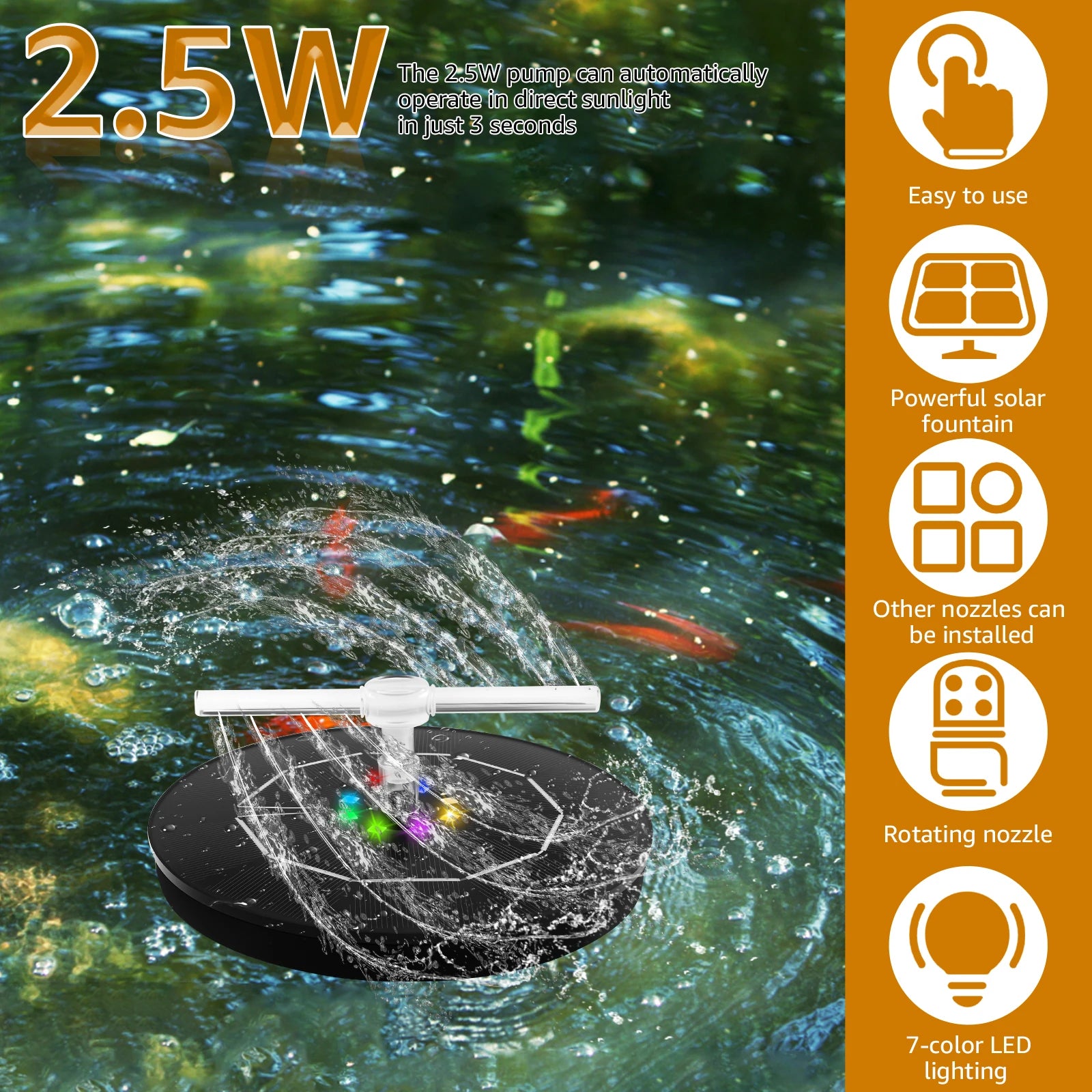 New Solar Water Fountain 2.5W Efficient Bird Bath Fountain with Rotatable Nozzles and LED Lamp Versatile Solar Water Pump Kit