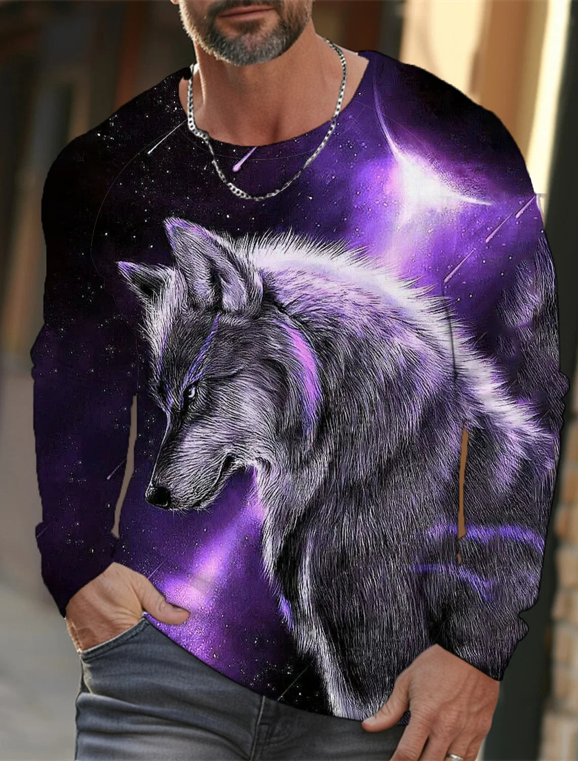 2024 Men's Summer Long Sleeve 3d Printed Wolf Print T-Shirt Tops Men Streetwear Clothing Round Neck Graphic Long Sleeve T-Shirt