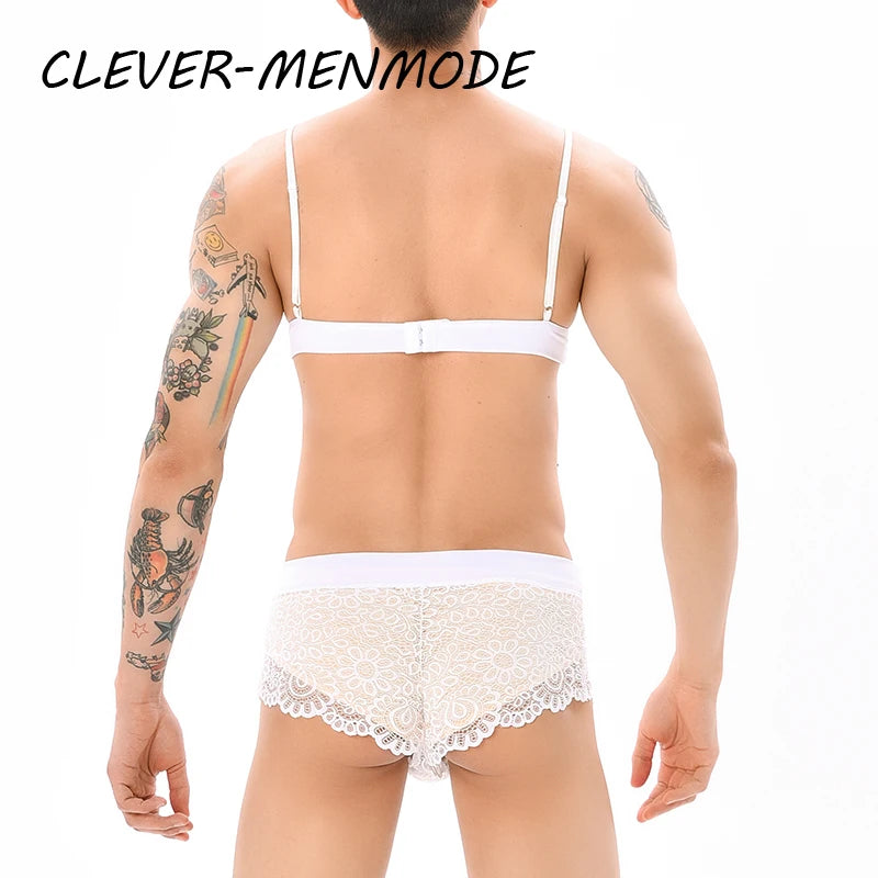 Men Sexy Crossdressing Erotic Sissy Lingerie See Through Mesh Lace Gay Underwear Male Bra Top Transparent Boxers Fetish Customs