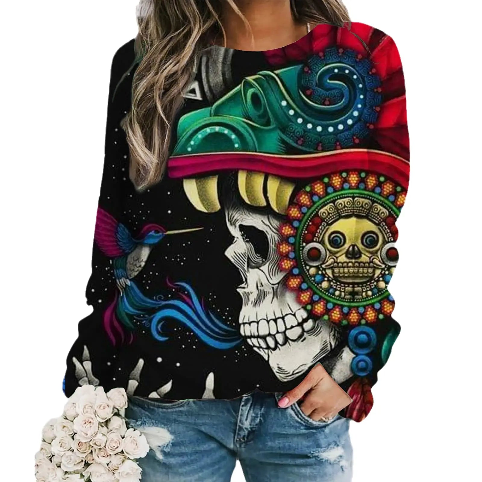 2024 New Women Halloween Crow Printed Casual Sweatshirt Round Neck Casual Basic Loose Fashion Women Designer Style