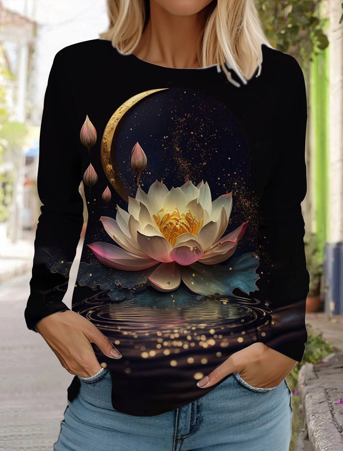 2024 women's fashion retro tops long sleeve round neck pullover casual long sleeve t-shirt new 3d printed lotus print t-shirt
