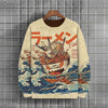 Japanese Ukiyo-e Hoodied Men's Sweatshirts Pullover Sea Wave Ramen Graphic Print Long Sleeves Hoodies Oversized Men Clothing Top