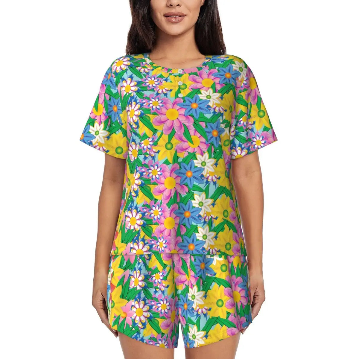 Flower Power Pajamas Spring 2 Pieces Purple Hippie Cute Pajama Sets Lady Short Sleeve O Neck Casual Custom Nightwear