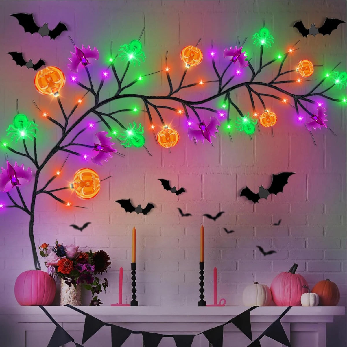 1PC 54 LED Halloween Decorative Black Willow Vine Lights With Orange Pumpkin Purple Bat Green Spider Waterproof 8 Light Modes