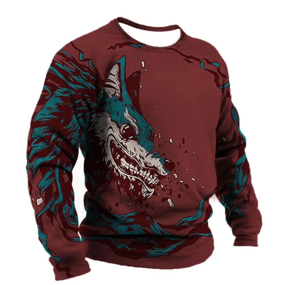 Men's Long Sleeve T-shirt Winter 3D Animal Print T Shirts Street Fashion Wolf Pattern Tops Tees Oversized Men's Clothing