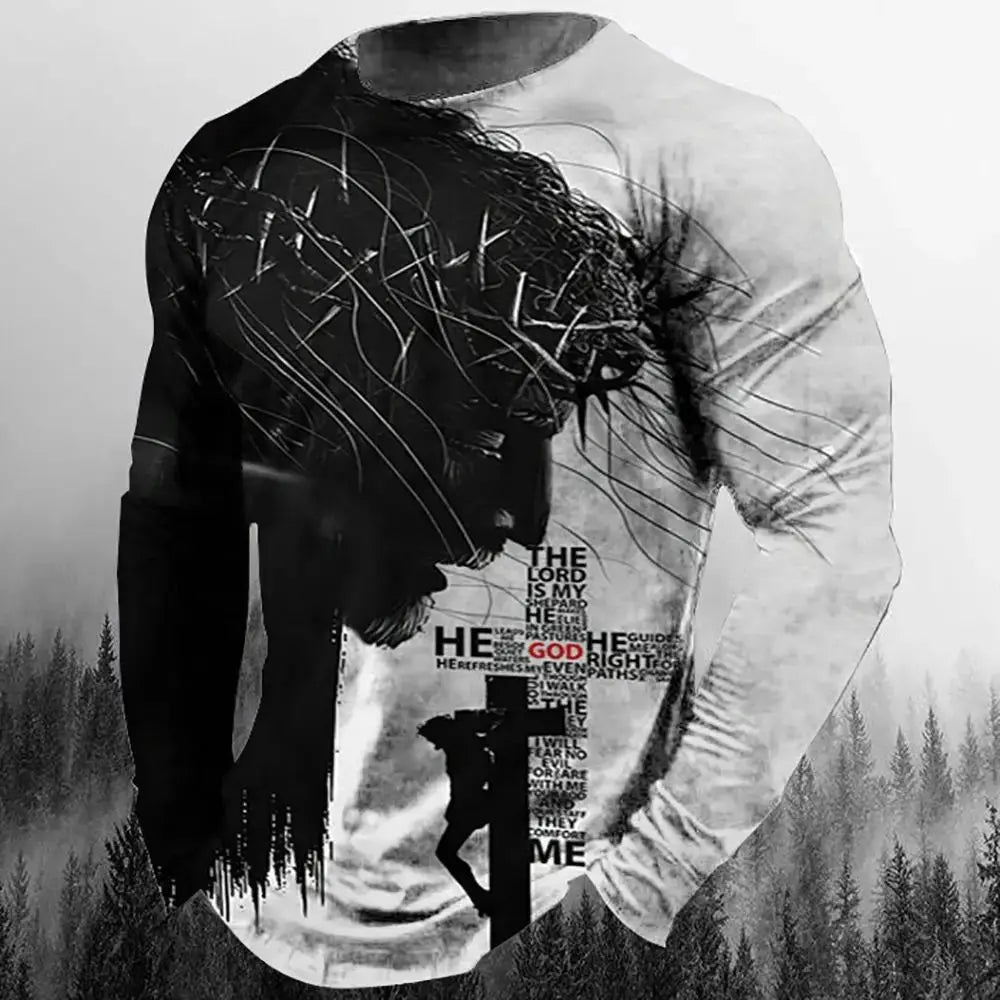 Fashion Casual Men's Long Sleeve T-Shirt 3d Printed Retro Jesus Christ Street Personality Loose O Collar Harajuku Oversized Top