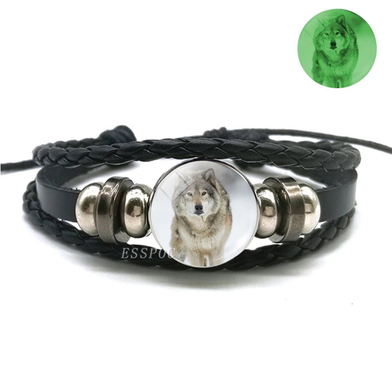 Glow In The Dark Wolf Head Bracelet Multilayer Leather Bracelet Charm Women Men Fashion Luminous Bracelets Wolf Jewelry