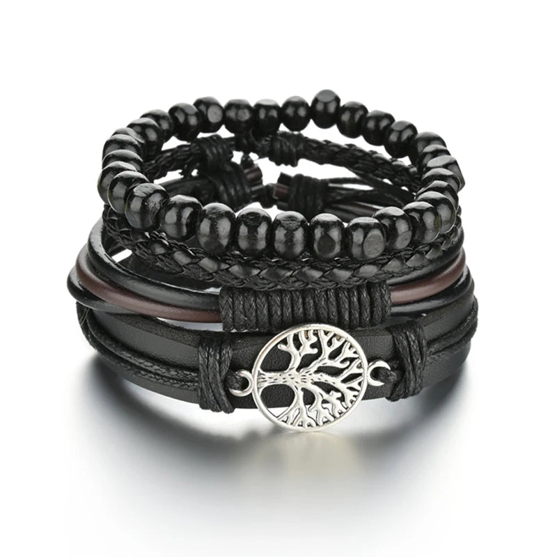 New Trendy Retro 4pcs/Set Bracelets & Bangles Men's Multilayer Black Leather Jewelry Charm Pulseiras Boyfriend Wristband