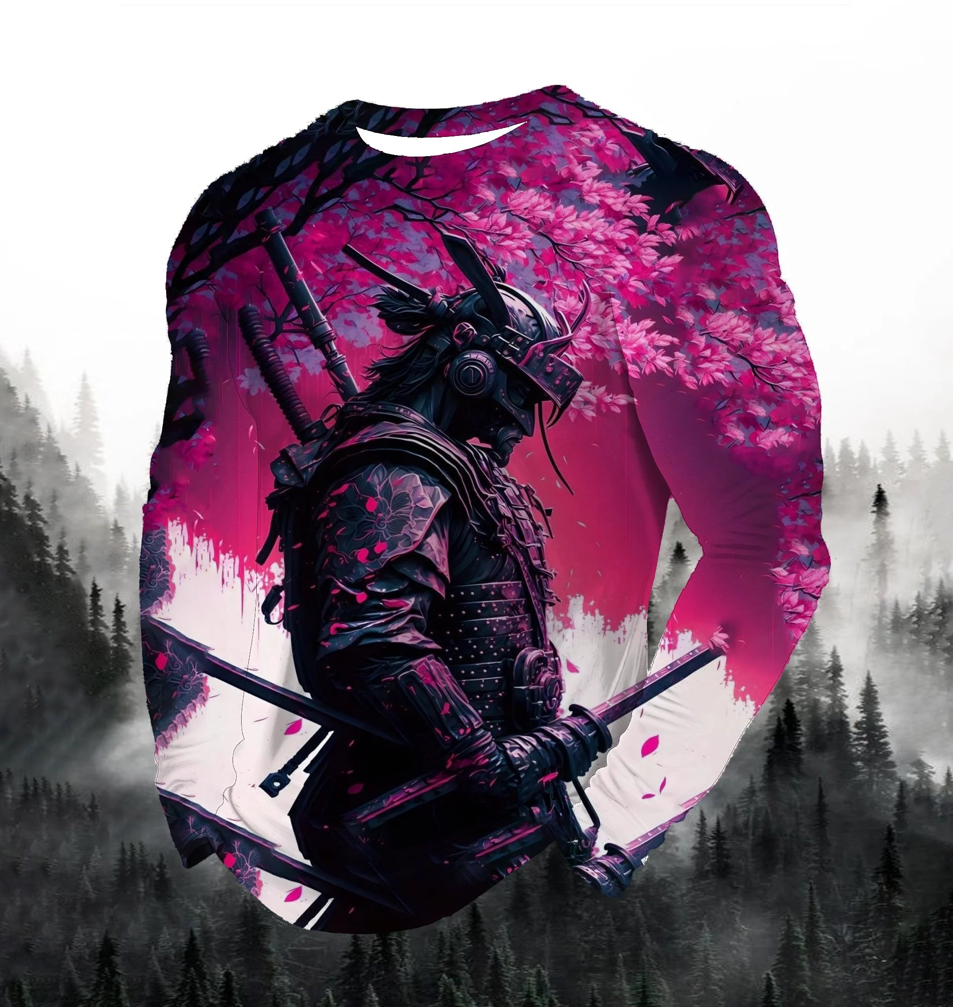2024 Men's Fashion Printed Round Neck Long Sleeve Autumn Sports Leisure Pullover Men's 3D Japanese Samurai Printed Loose Tops