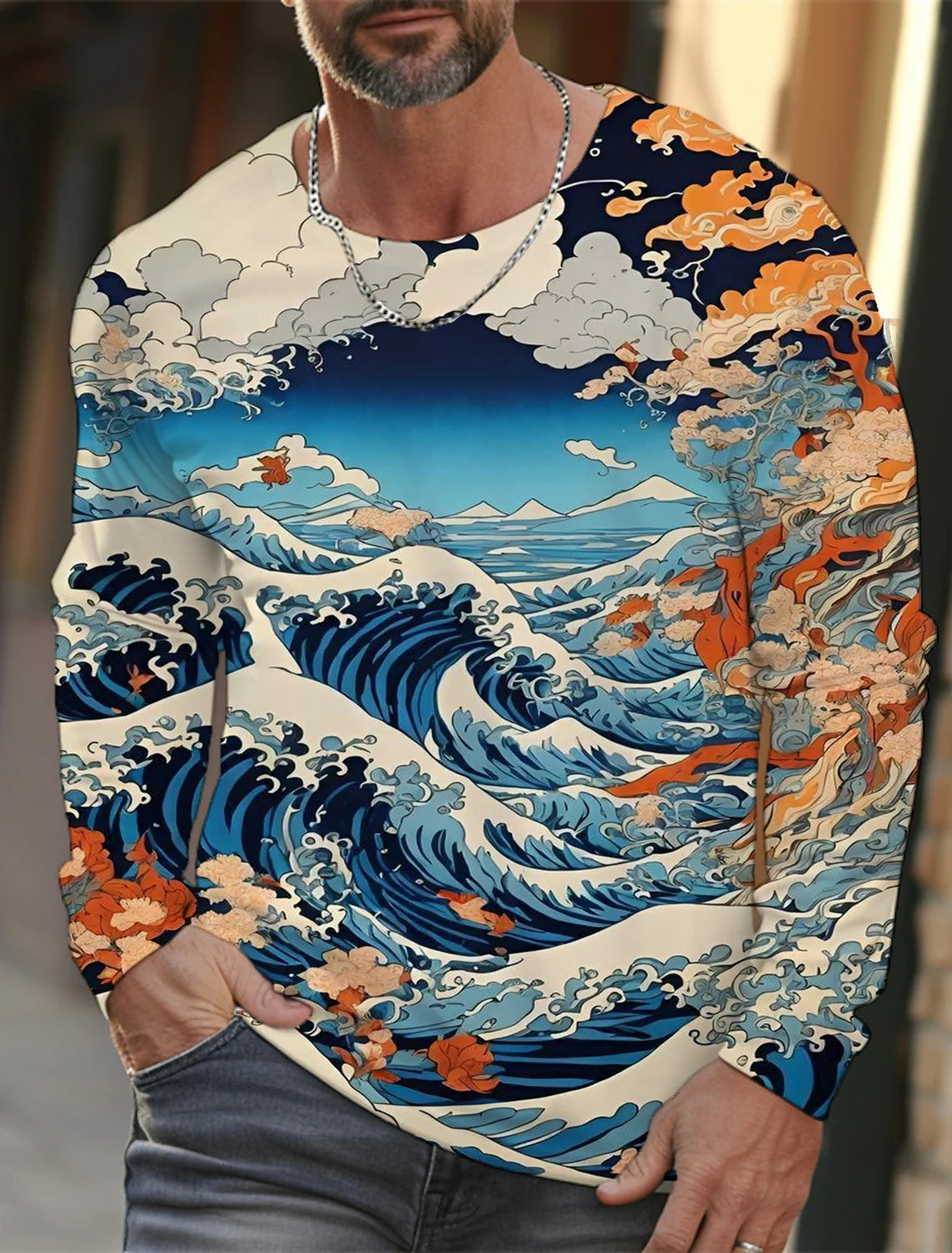 2024 new men's Ukiyoe long-sleeved T-shirt 3D printing high-definition wave cat printing men's autumn casual round neck top
