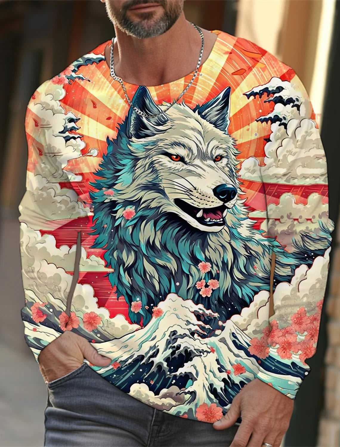2024 new men's Ukiyoe long-sleeved T-shirt 3d printed high-definition wolf print men's autumn top casual round neck T-shirt