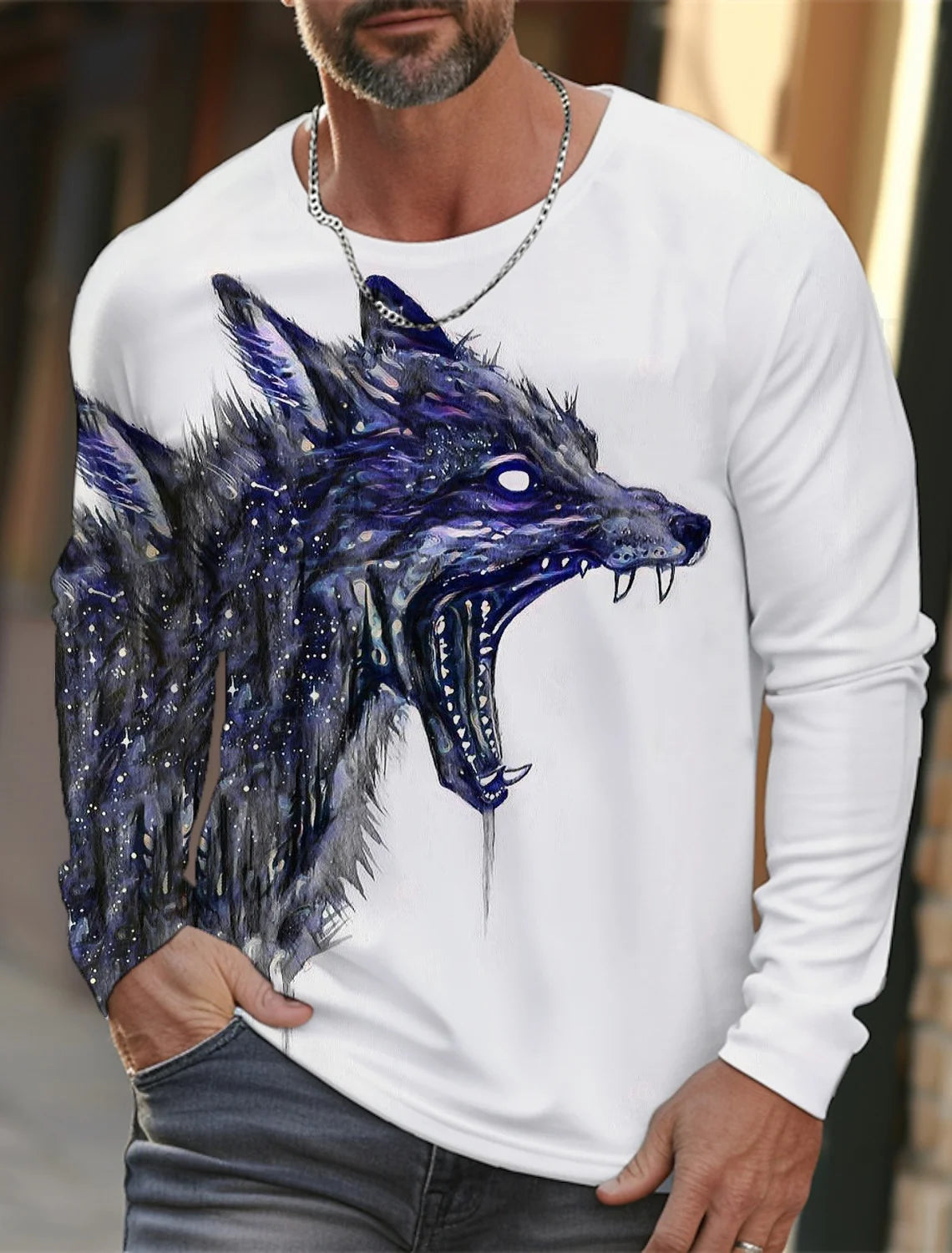 2024 new men's long-sleeved t-shirt 3d printed high-definition wolf animal print men's autumn tops casual round neck t-shirt