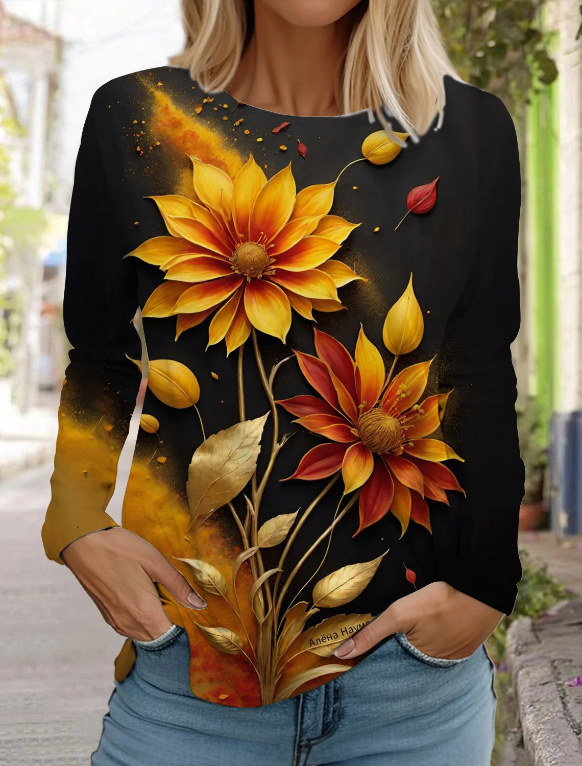 2024 women's fashion retro tops long sleeve round neck pullover casual long sleeve t-shirt new 3d printed lotus print t-shirt