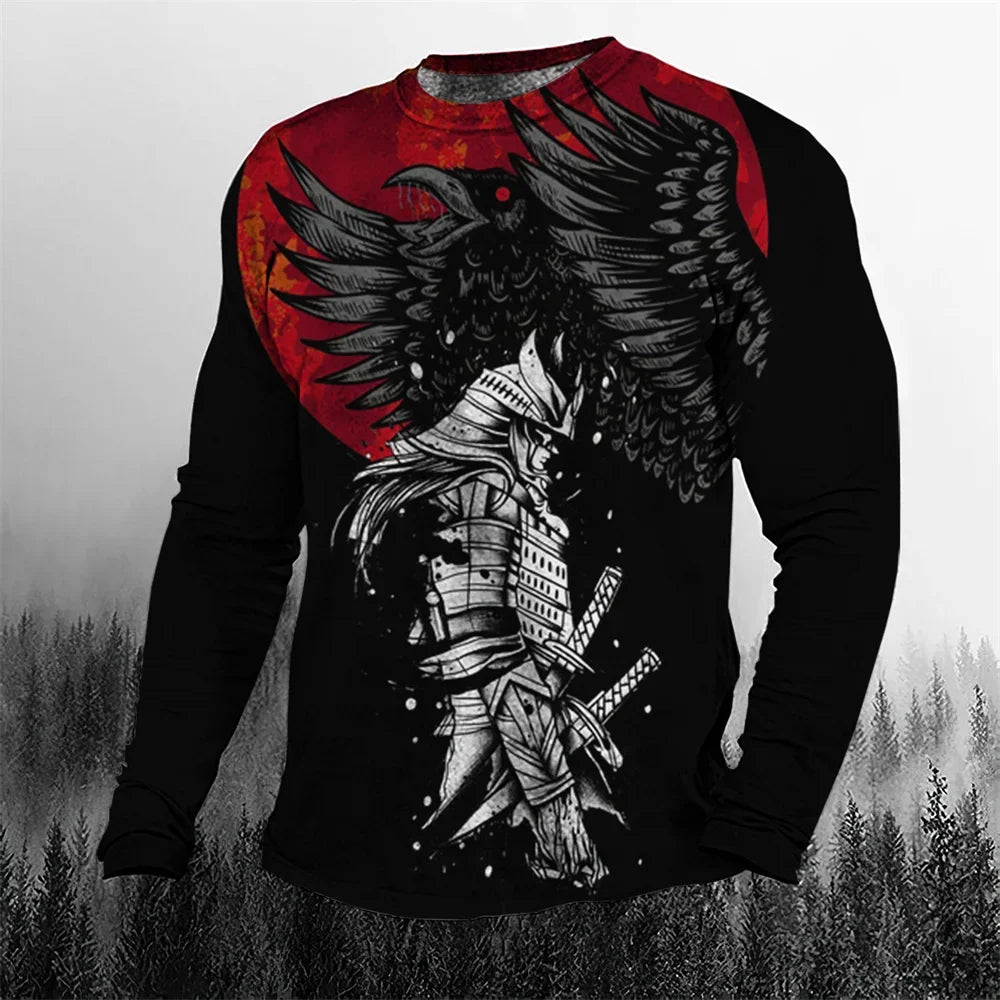 2024 Fall Cool Vintage Samurai 3D Printed Men's T-shirt O-Neck Casual Men's Clothing Oversized Cartoon Long Sleeve Tops