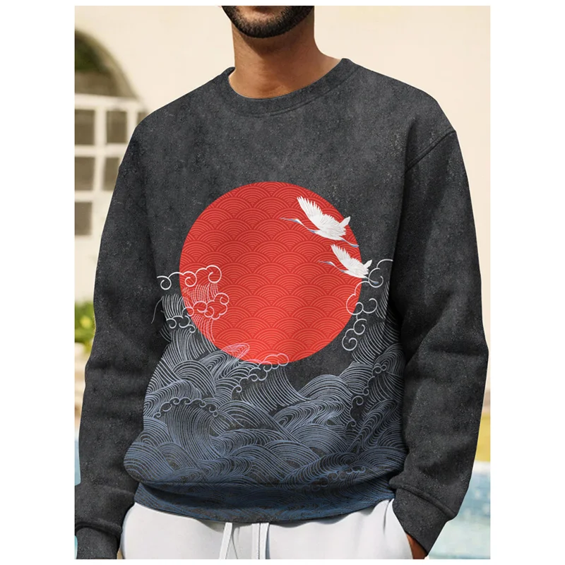 3D Print Japanese Ukiyoe Wave Hoodie For Men Devil Fish Jellyfish Graphic Sweatshirt Casual O-Neck Pullover Hoodies Long Sleeves