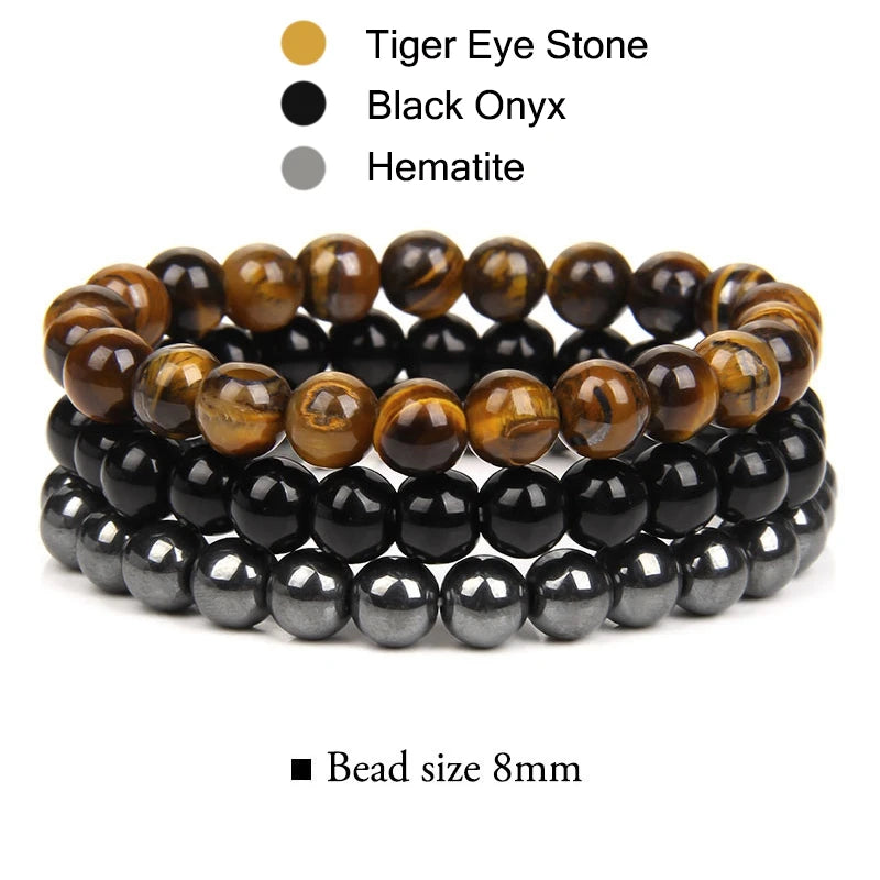 3Pcs/set 8mm Natural Stone Beads Bracelet Set Pink Zebra Rhodonite Moonstone Agates Hematite Bracelets For Women Men Jewelry
