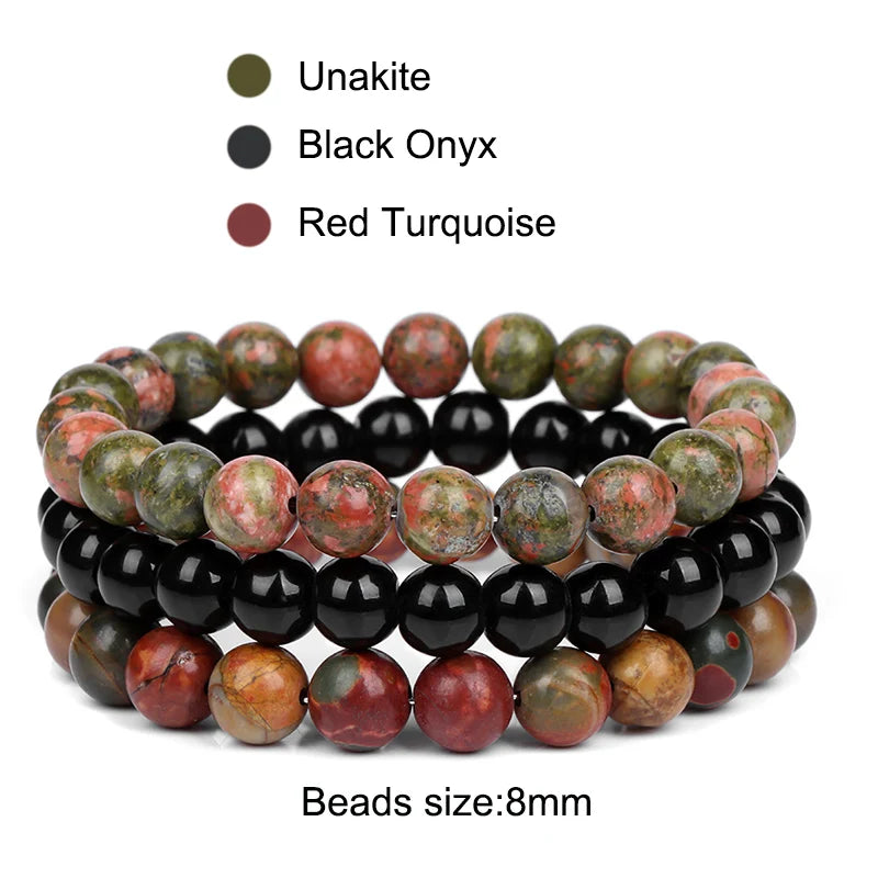 3Pcs/set 8mm Natural Stone Beads Bracelet Set Pink Zebra Rhodonite Moonstone Agates Hematite Bracelets For Women Men Jewelry