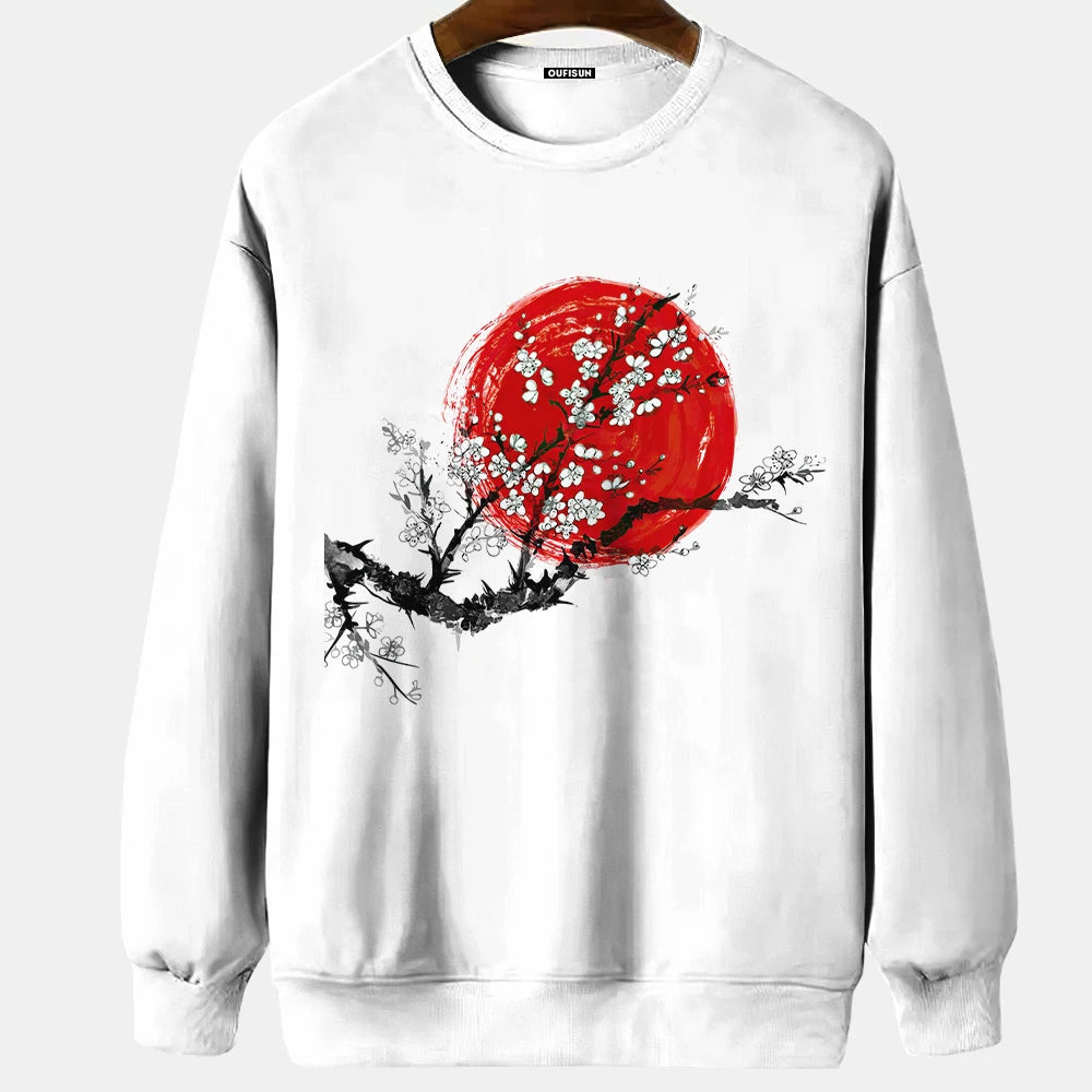 Japanese Ukiyo-e Hoodied Men's Sweatshirts Pullover Sea Wave Ramen Graphic Print Long Sleeves Hoodies Oversized Men Clothing Top
