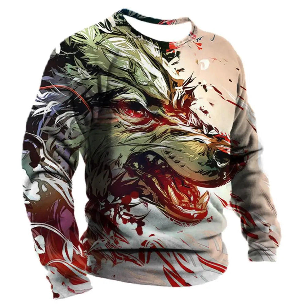 Men's Long Sleeve T-shirt Winter 3D Animal Print T Shirts Street Fashion Wolf Pattern Tops Tees Oversized Men's Clothing