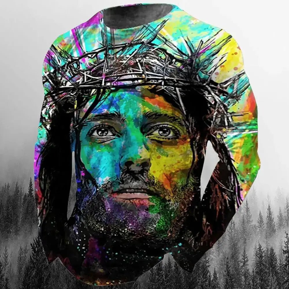 Fashion Casual Men's Long Sleeve T-Shirt 3d Printed Retro Jesus Christ Street Personality Loose O Collar Harajuku Oversized Top