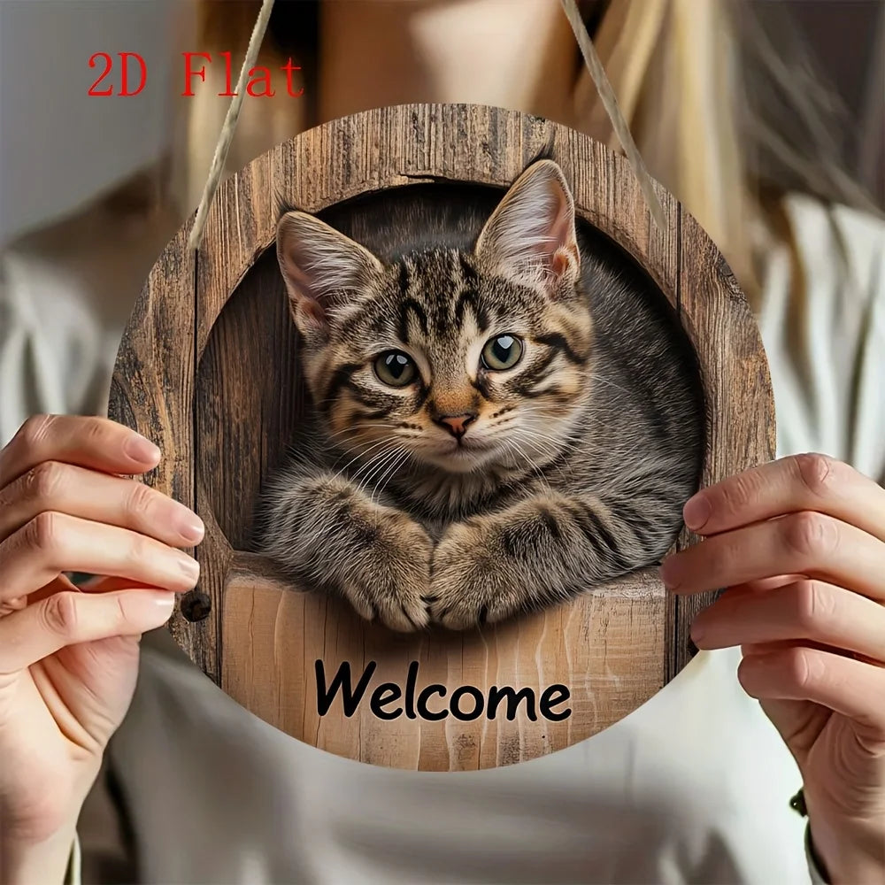 2D Graphic 2D Printed Wall Art - Cat Welcome Signs for Street, Courtyard, Shopping Center, Garage, Cafe, Family, Bar, Club, Kitchen, Restaurant, Laundry Room, Men's Cave, Gym, Bedroom, Farm, Farmhouse, Handmade Round Wood Dec