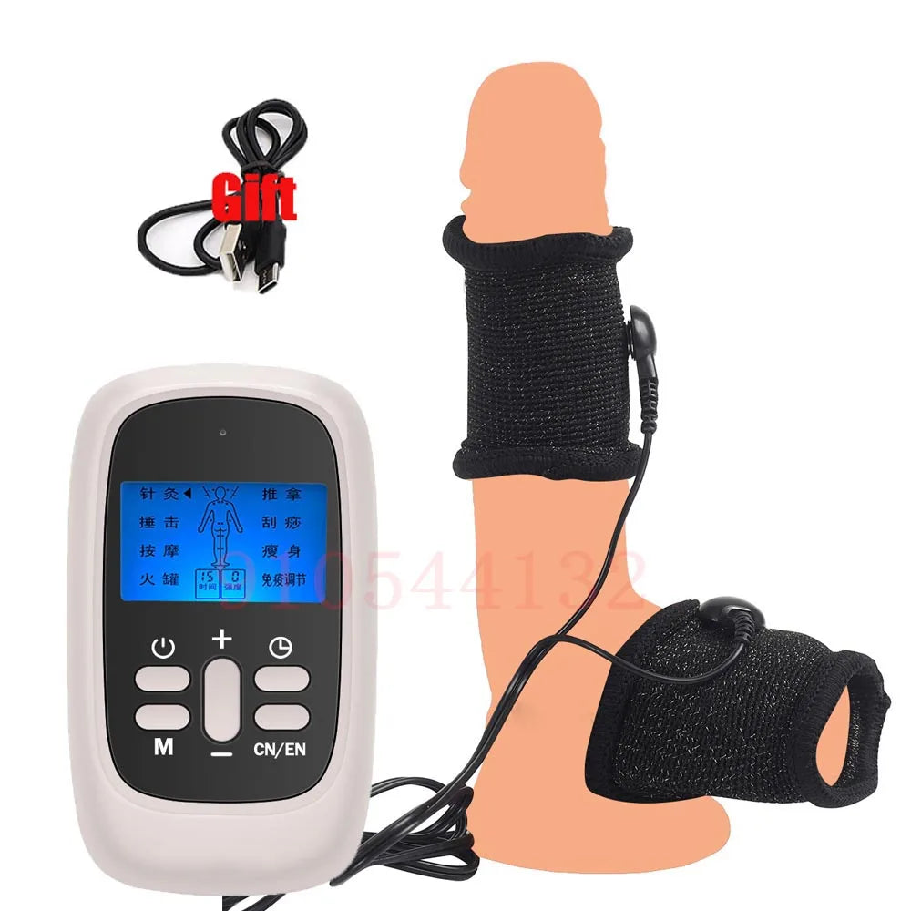 BDSM Electro Shock Conductive Fiber Penis Sleeve E-stim Scrotum Rings Electric Play Cock Therapy Enlargement Male Sex Products