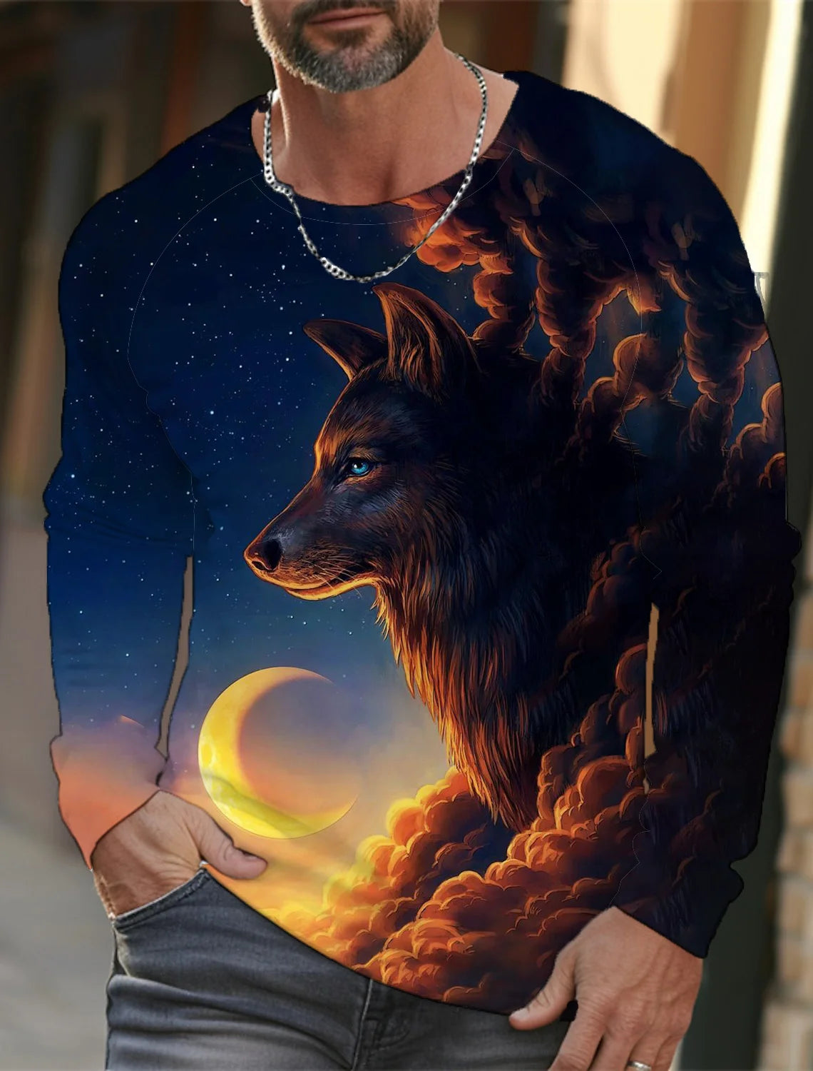 2024 Men's Summer Long Sleeve 3d Printed Wolf Print T-Shirt Tops Men Streetwear Clothing Round Neck Graphic Long Sleeve T-Shirt