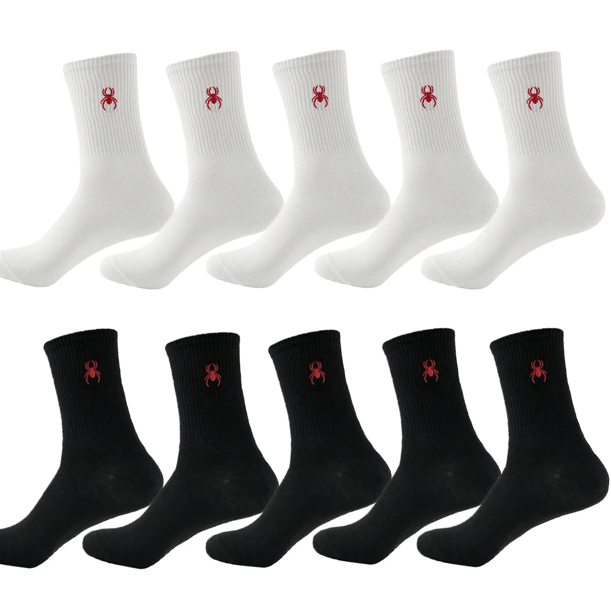 5/10/20 Pairs of Men's Crew Socks with Spider Pattern, Comfortable, Breathable, Moisture Wicking, Halloween